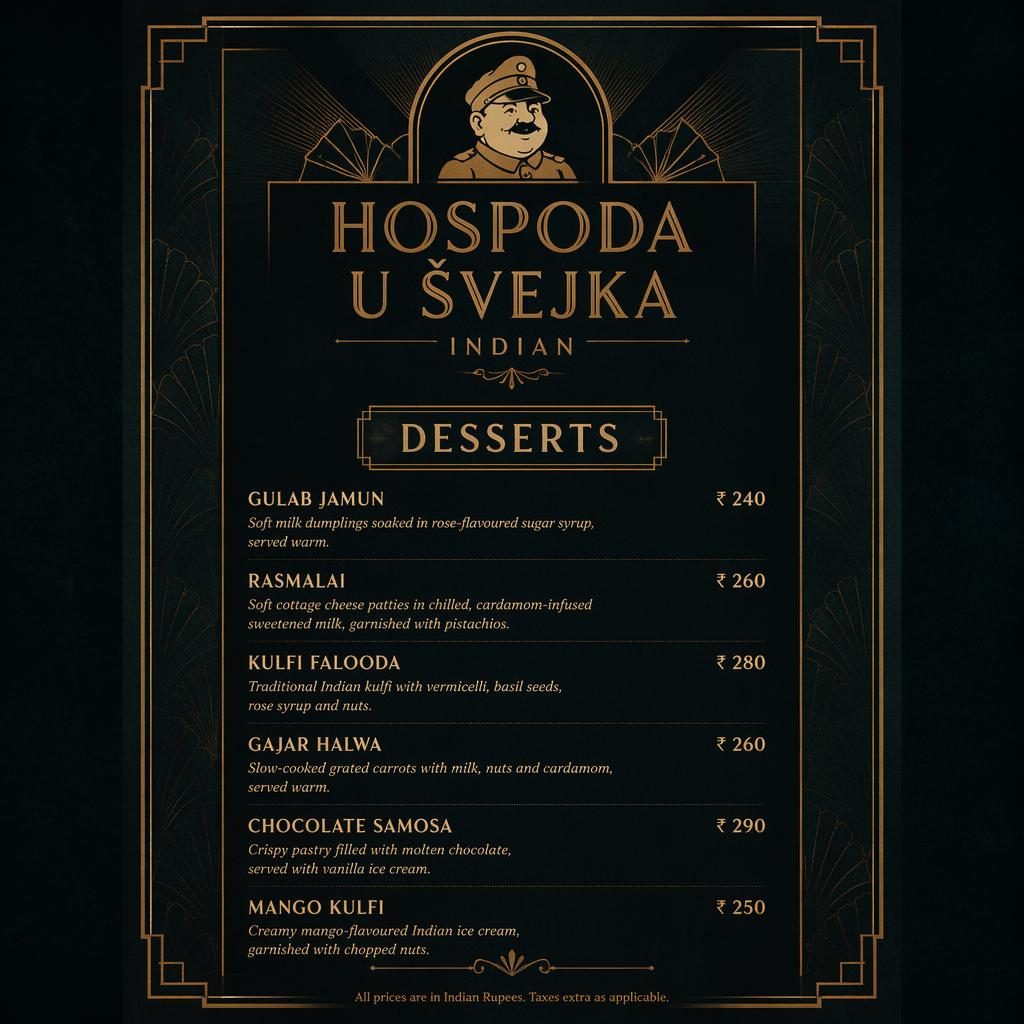 A4 dezertní menu pro hospoda u švejka v art deco stylu, tmavá náladová paleta, dekorativní záhlaví a ceny.