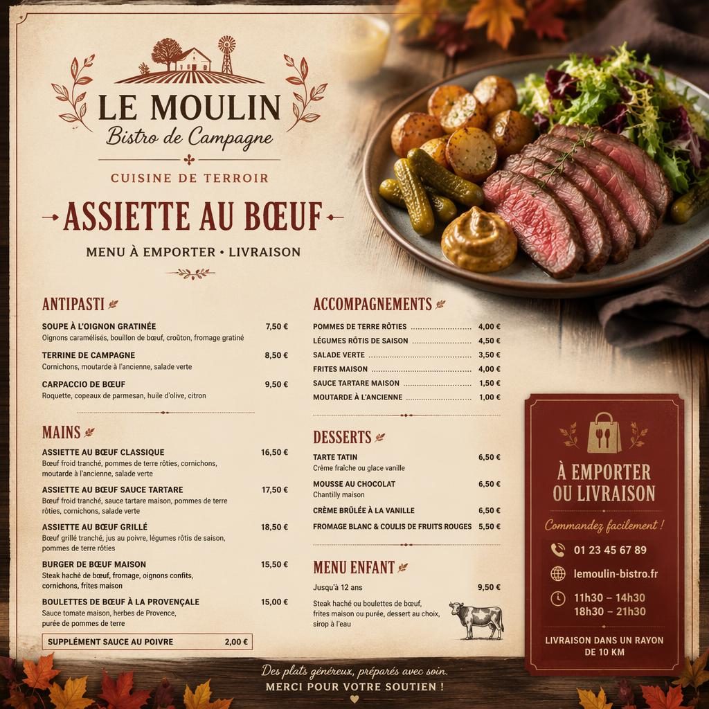 Carte de menu A4 portrait au style rustique chaud, avec en-tête décoratif, rubriques, plats fictifs et colonne de prix.