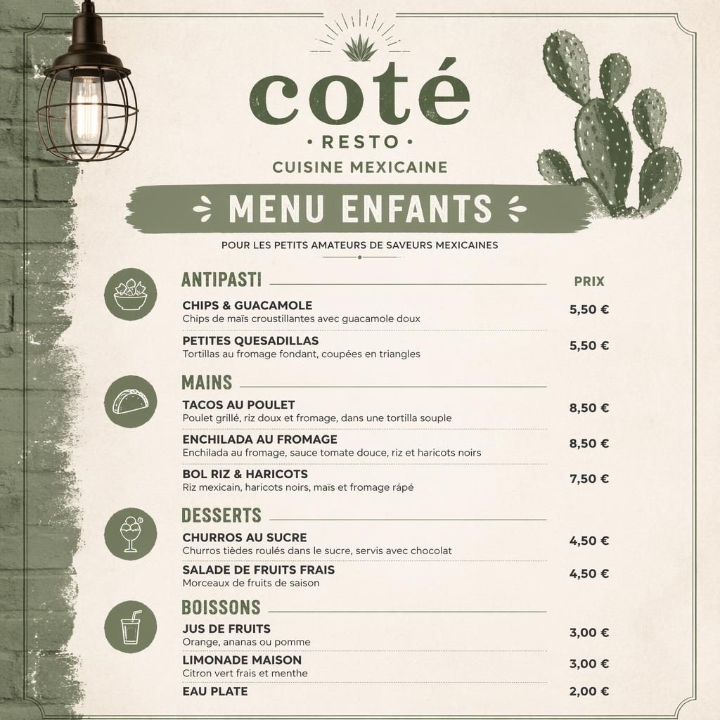 Carte menu enfant mexicaine A4 en style loft industriel, palette sauge et ivoire, avec en-tête décoratif et colonne de prix.