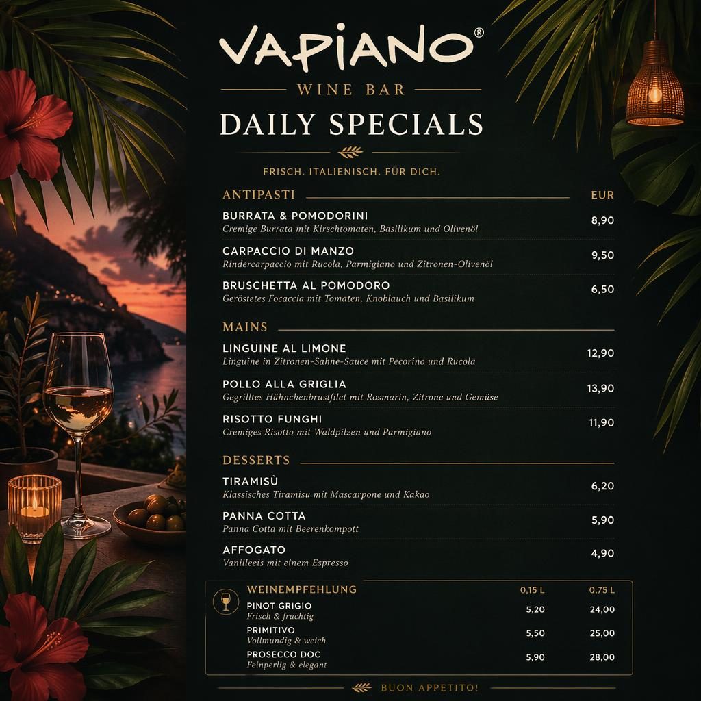 Print-ready menu card for vapiano standorte (wine bar). Menu kind: daily specials. Sample items: vapiano standorte. Styl