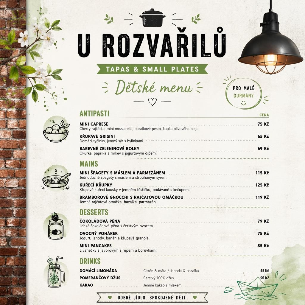 A4 karta dětského menu u rozvařilů v industriálním loft stylu, jarní paleta, sekce jídel a sloupec cen