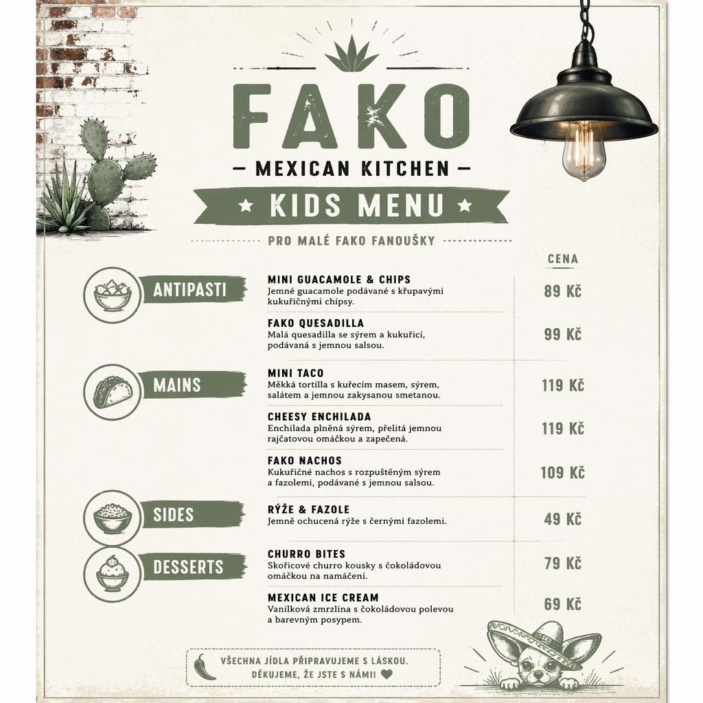 Tisková A4 karta dětského fako menu v mexickém stylu, šalvějová a slonovinová paleta, industriální loft.