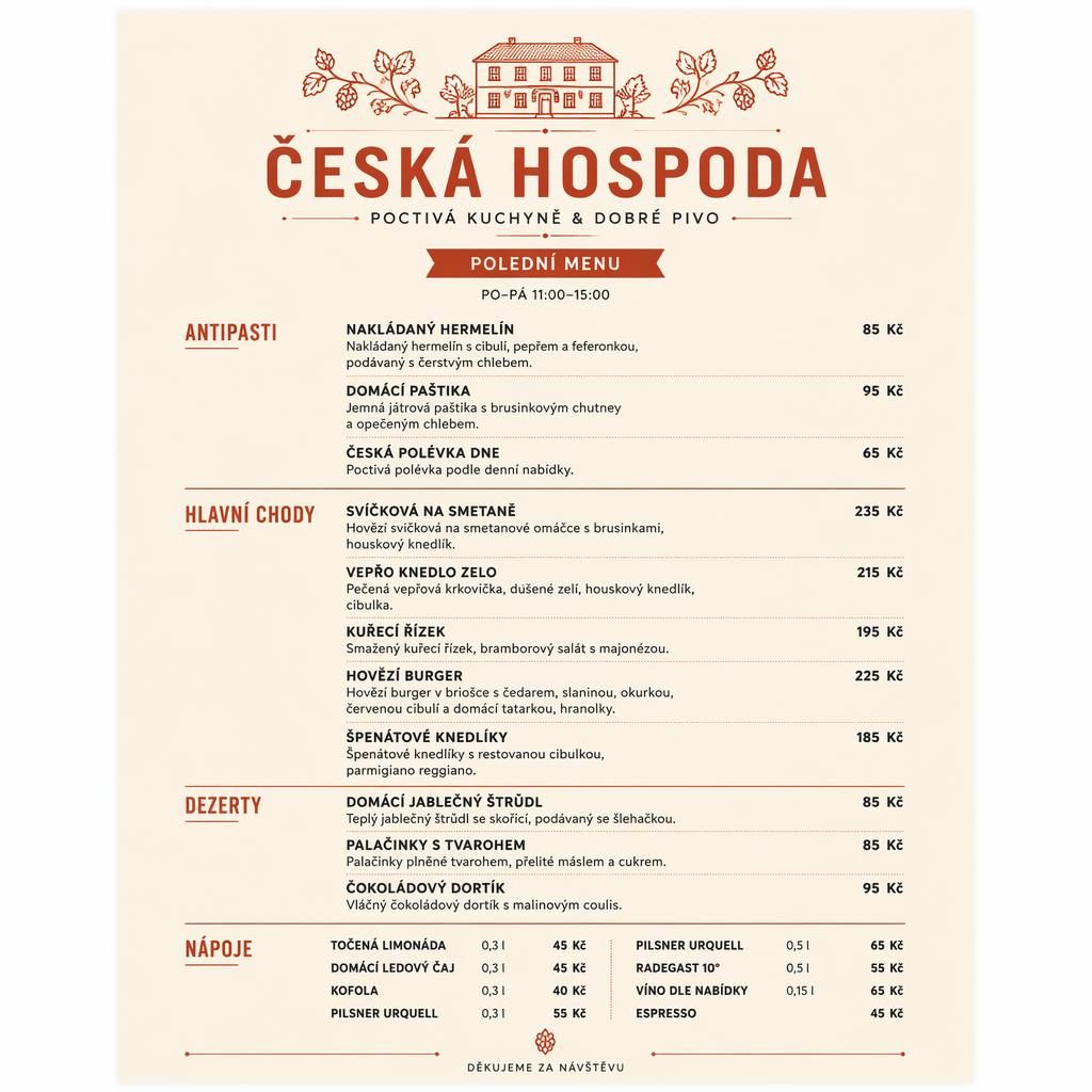Minimalistická obědová menu karta A4 pro česká hospoda v krémové a rezavé paletě s dekorativní hlavičkou a cenami.