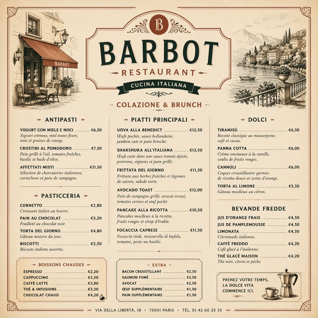 Carte de menu A4 portrait pour Barbot Restaurant, style vintage années 1920, tons terre chauds, rubriques et colonne de prix.