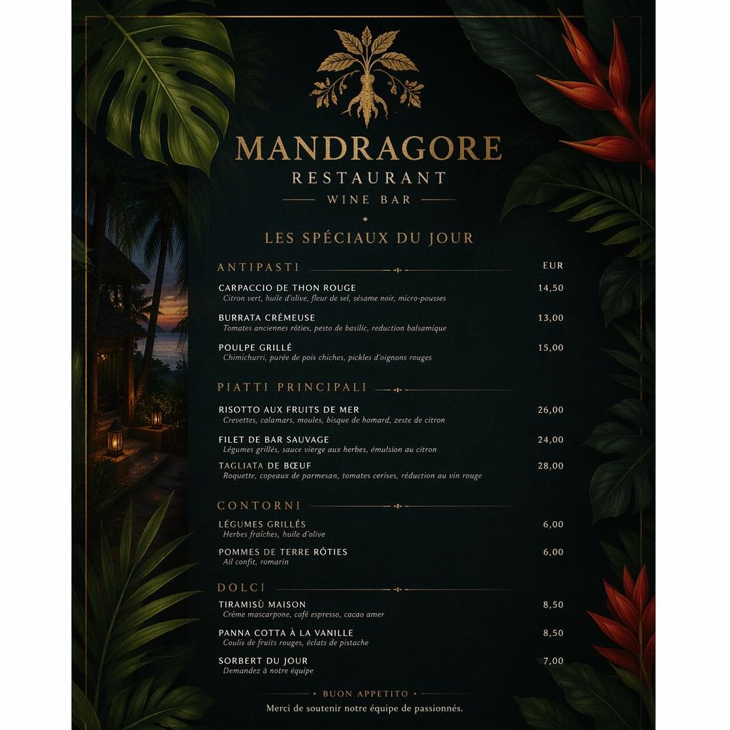 Carte du jour A4 verticale pour mandragore restaurant, style tropical sombre, en-tête décoratif, rubriques et colonne de prix.