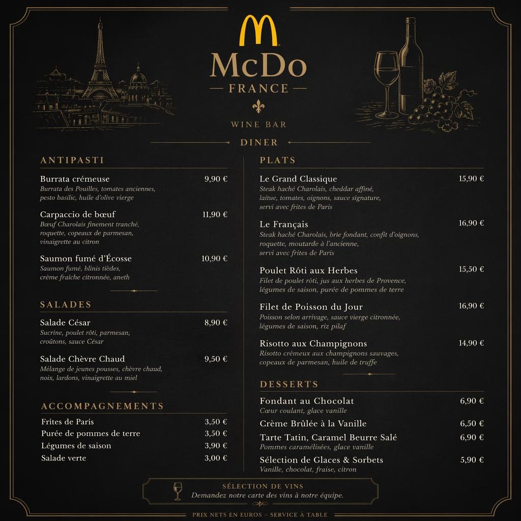 Carte de menu A4 portrait style bar à vin, palette sombre, en-tête décoratif, sections dîner, plats, descriptions et prix en euros.
