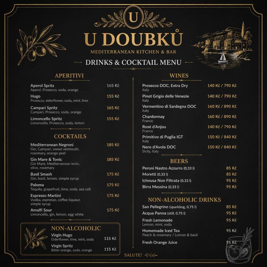 A4 koktejlový lístek U Doubků ve stylu černé tabule se zlatými detaily, ozdobným záhlavím a sloupcem cen.