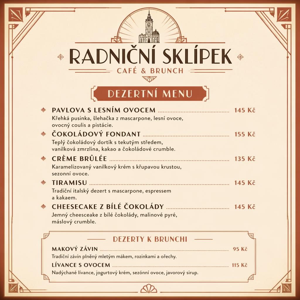 A4 dezertní menu Radniční sklípek v art deco stylu, krémovo-rezavá paleta, dekorativní záhlaví a sloupec cen