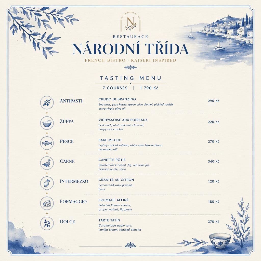A4 menu karta na výšku pro francouzské bistro v modro-krémové paletě, s dekorativní hlavičkou, sekcemi a cenami.