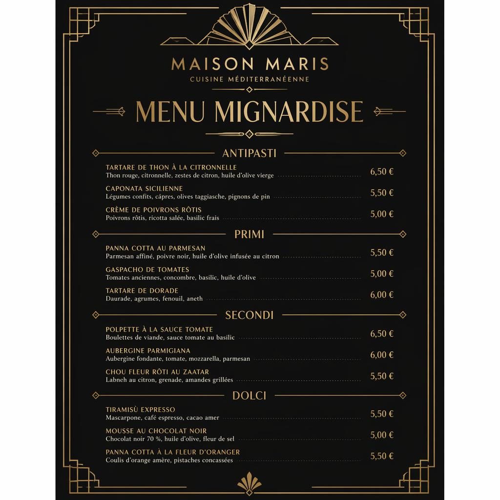 Carte dessert A4 portrait style art déco noir et or, avec en-tête décoratif, typographie menu et colonne de prix.