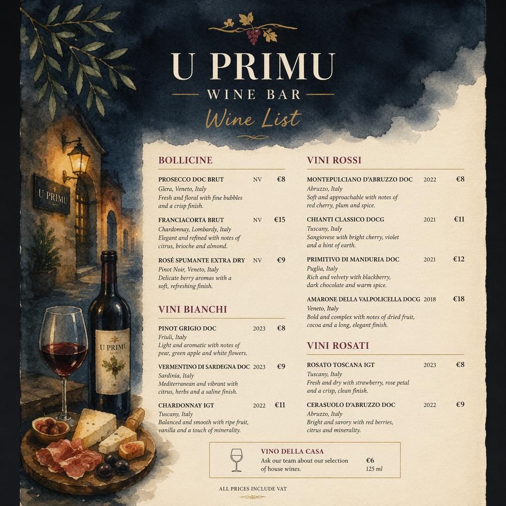 Akvarelový menu card A4 na výšku pro wine bar, tmavá náladová paleta, dekorativní hlavička, sekce a sloupec cen.