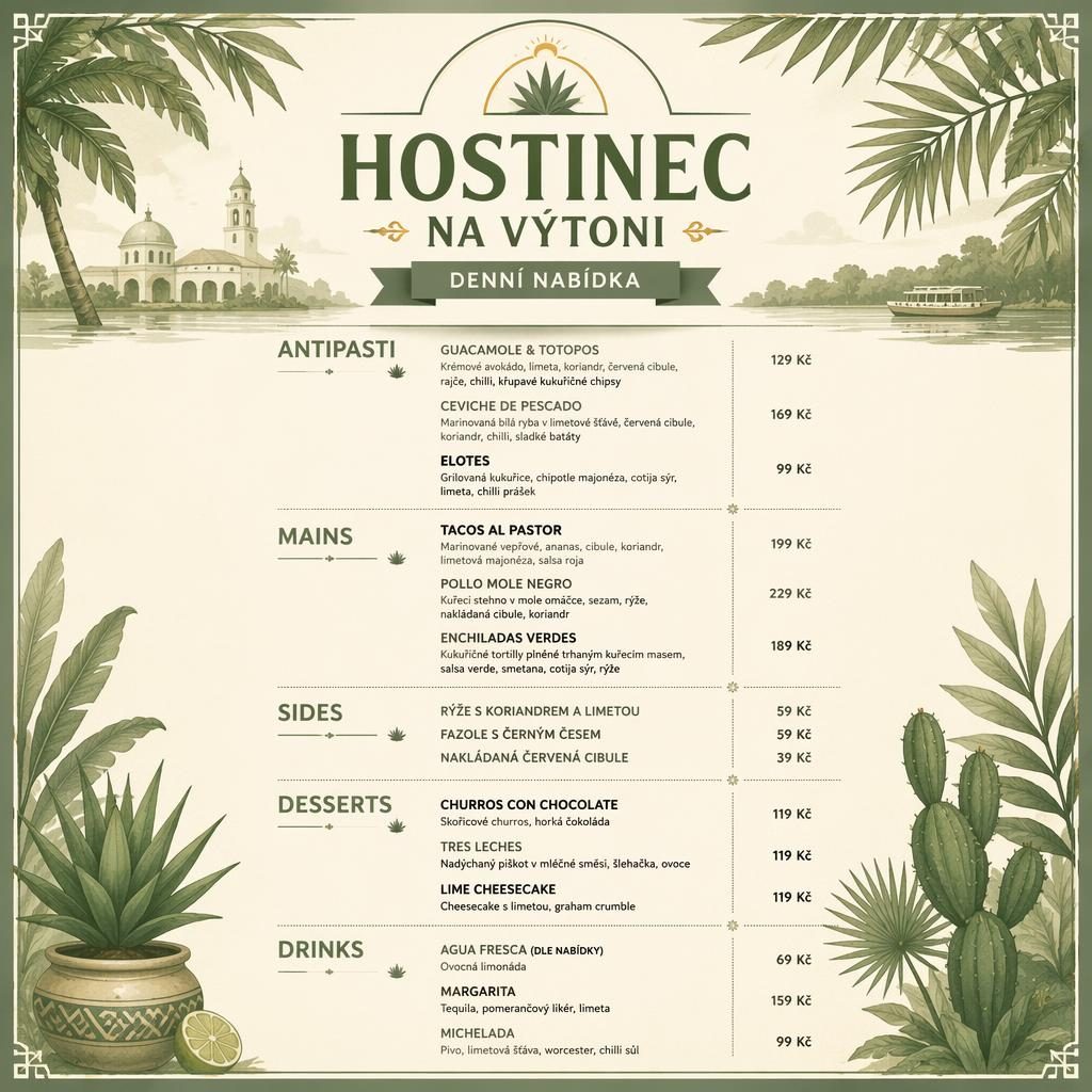 A4 menu karta na výšku pro Hostinec na Výtoni, mexické denní menu v tónech šalvěje a slonové kosti.