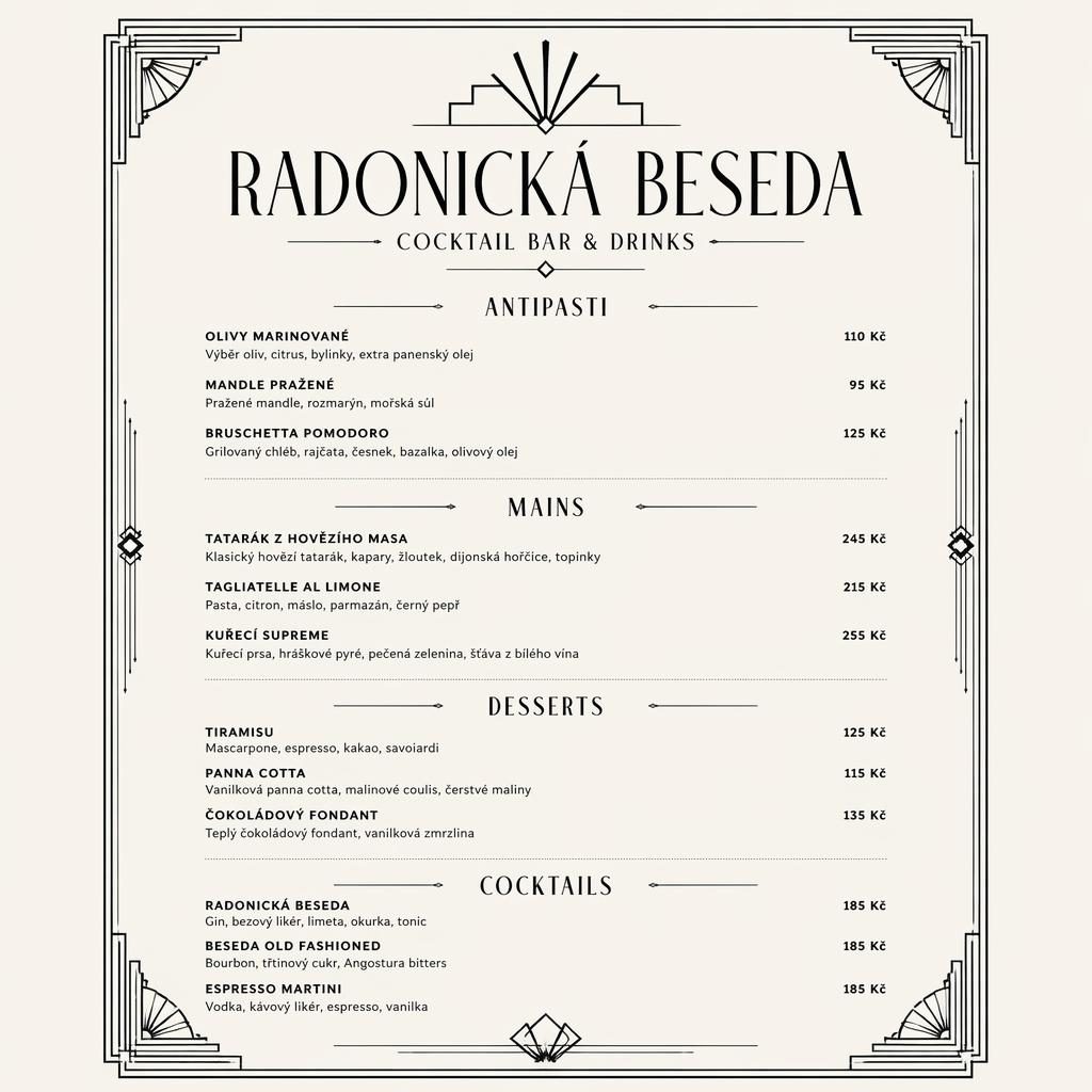Tisková A4 karta dezertního menu pro Radonicka beseda v art deco stylu, monochromní, s cenovým sloupcem.