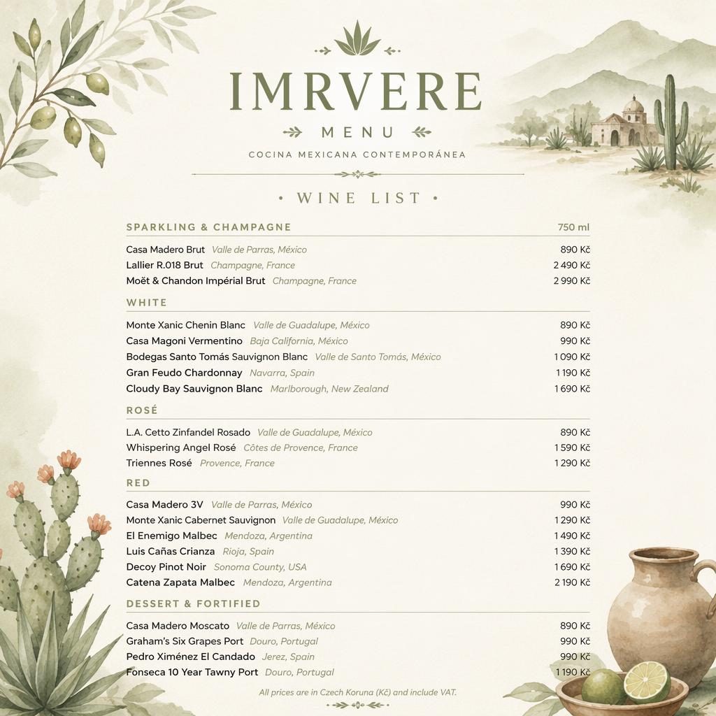 A4 menu karta na vína pro imrvere menu, akvarelový styl, šalvějová a slonovinová paleta, dekorativní záhlaví a ceny