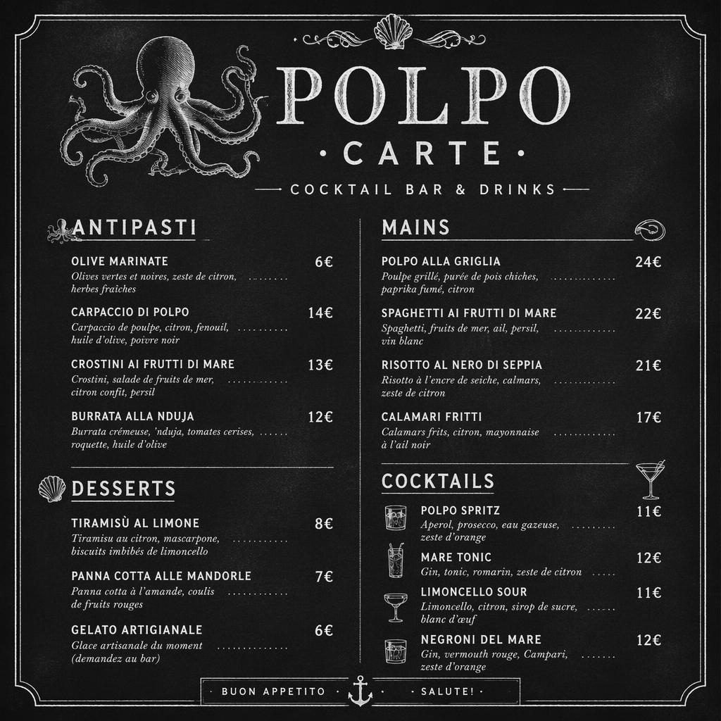 Carte de cocktails A4 en portrait, style ardoise noir et blanc, avec en-tête décoratif, rubriques, textes factices et colonne de prix.