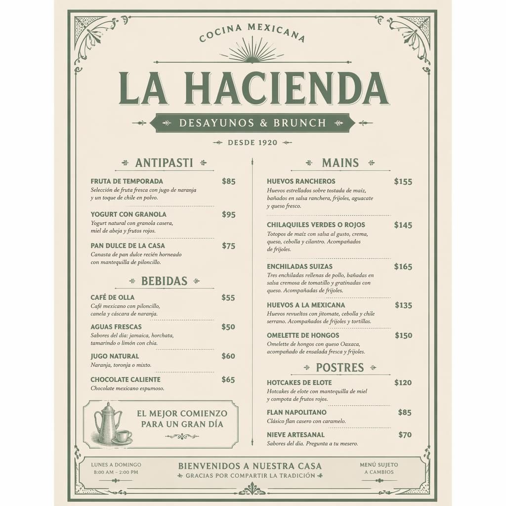 Tarjeta de menú mexicano de brunch en formato A4 vertical, estilo vintage años 20, tonos salvia y marfil, con encabezado decorativo y precios.