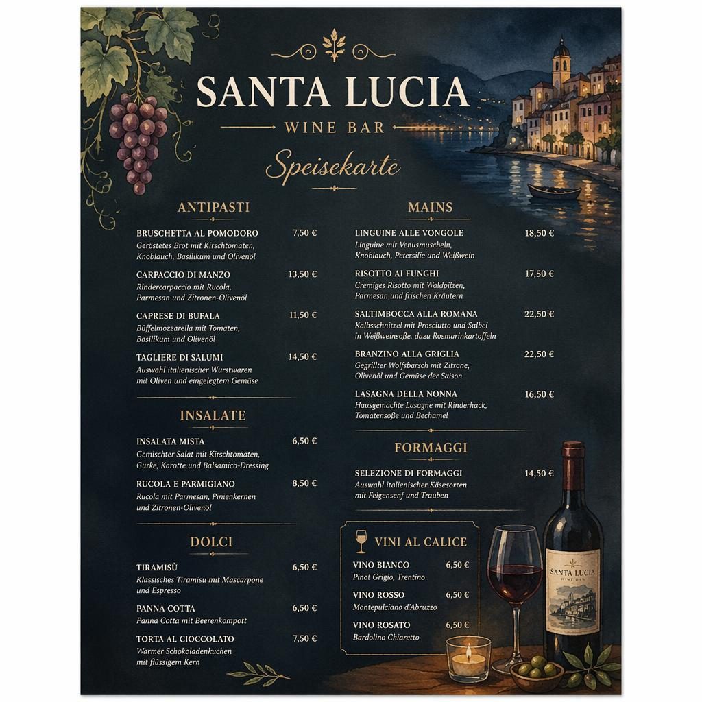A4-Weinkarte im Hochformat für santa lucia speisekarte, Aquarellstil, dunkle Farbpalette, dekorative Kopfzeile