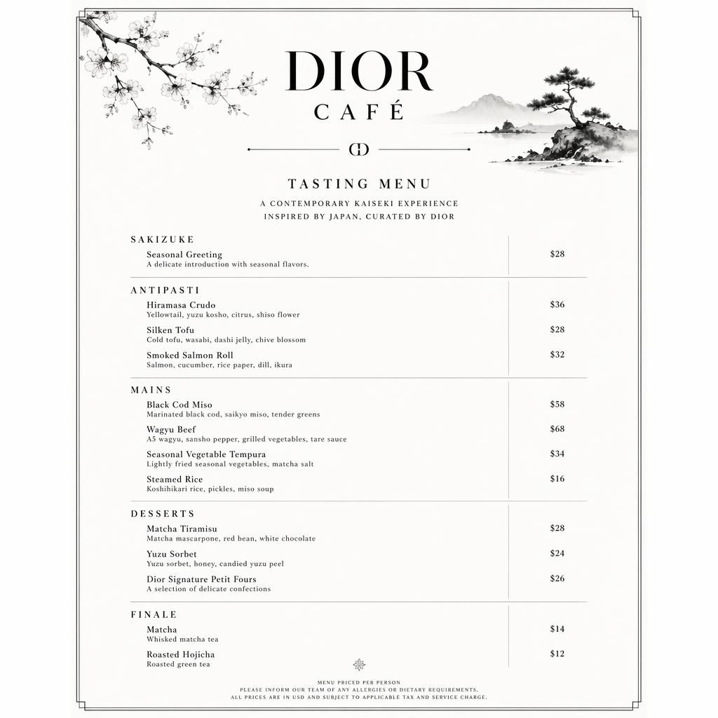 A4 portrait menu card for dior cafe menu with monochrome kaiseki styling, decorative header, drink sections, and prices.
