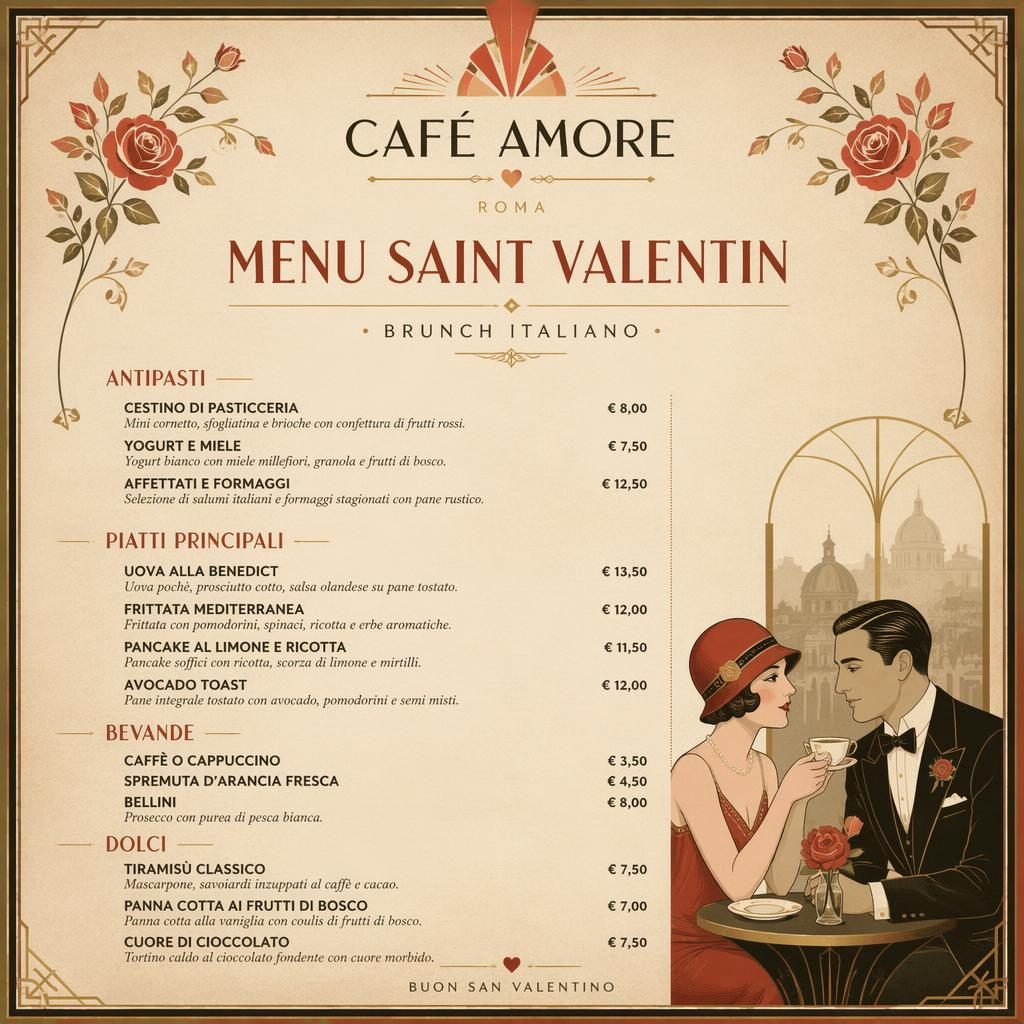 Carte de menu italienne Saint-Valentin en format A4 portrait, style vintage années 1920, tons terre chauds, brunch