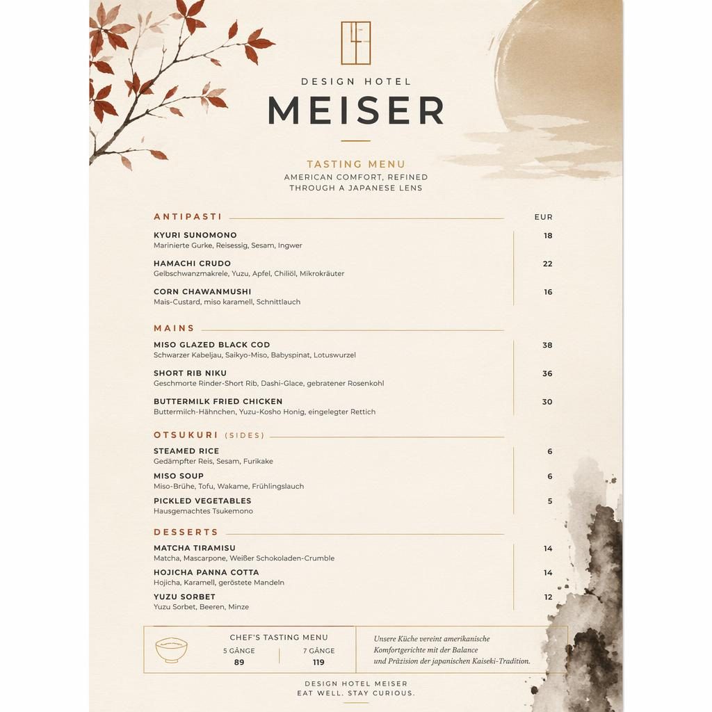 A4-Menükarte im Kaiseki-Stil für ein Designhotel, warme Erdtöne, dekorativer Kopfbereich, Gänge mit Preisen.