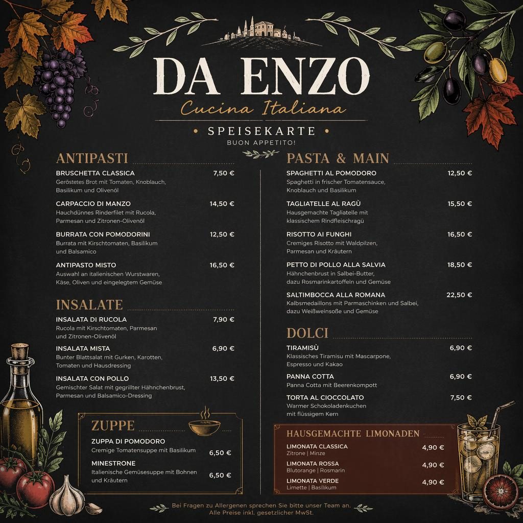 A4-Menükarte für Getränke und Cocktails im Kreidetafel-Café-Stil, herbstliche Farben, dekorative Kopfzeile und Preise.