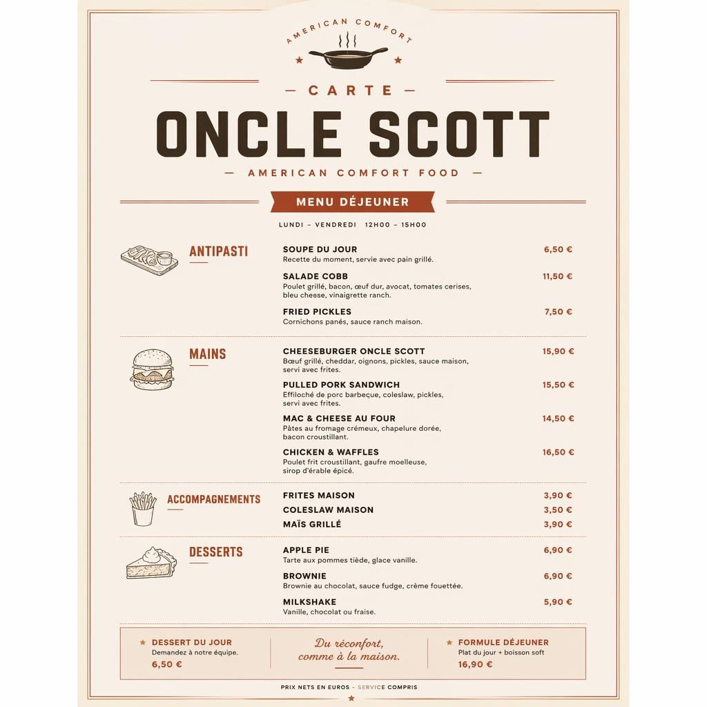 Menu lunch A4 portrait pour carte oncle scott, style suisse minimaliste, tons terre chauds, sections et colonne de prix.