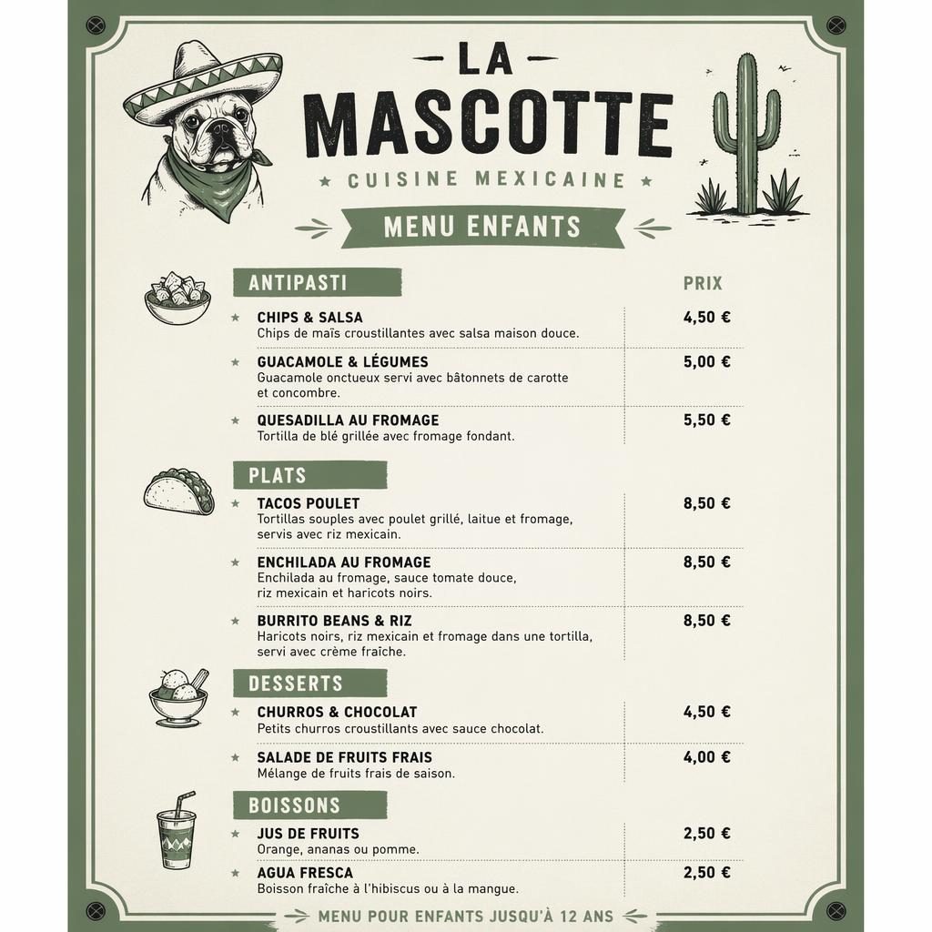 Carte de menu enfant mexicain en format A4 portrait, style loft industriel, palette sauge et ivoire, avec en-tête décoratif.
