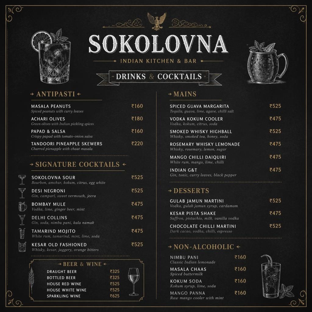 A4 koktejlový lístek pro sokolovnu v tmavém tabulovém stylu s dekorativní hlavičkou, sekcemi a sloupcem cen.