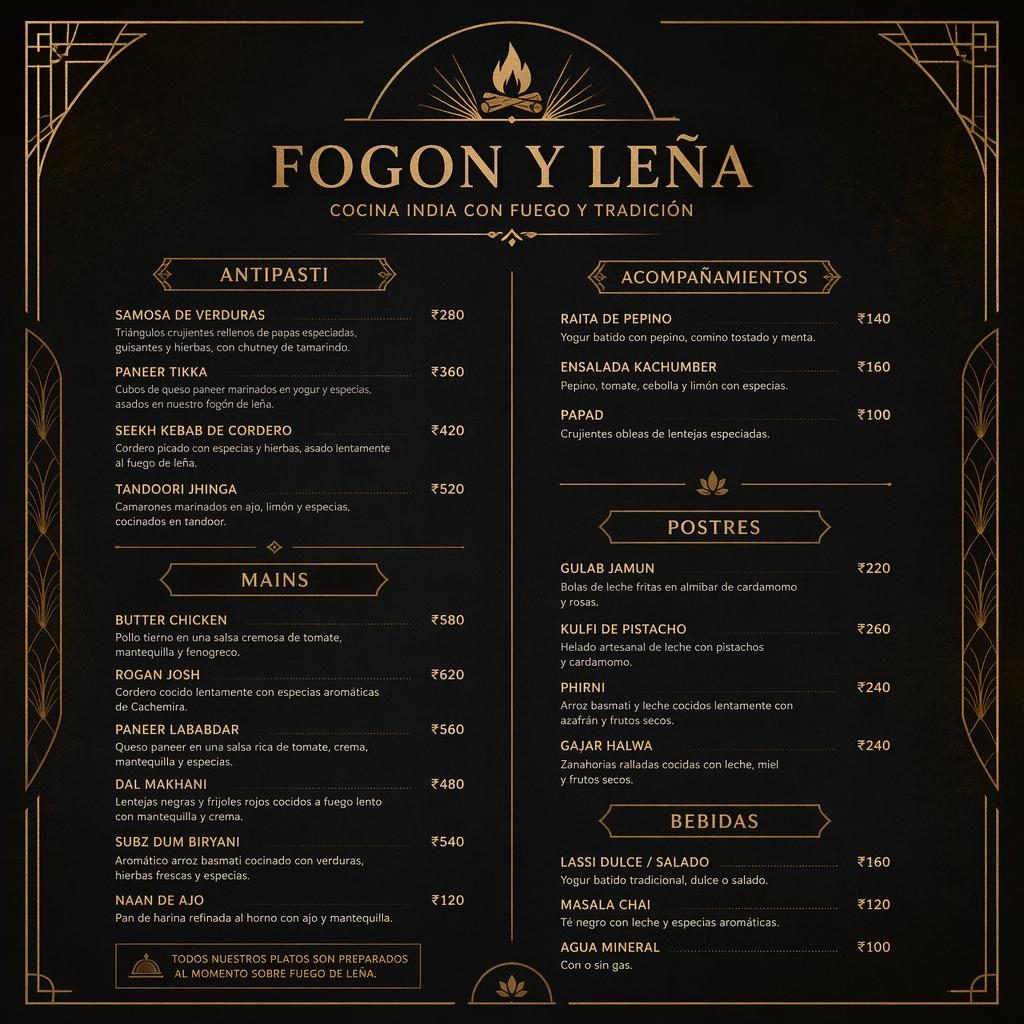 Tarjeta de menú de postres A4 vertical para fogon y leña carta, estilo art déco, paleta oscura y columna de precios.