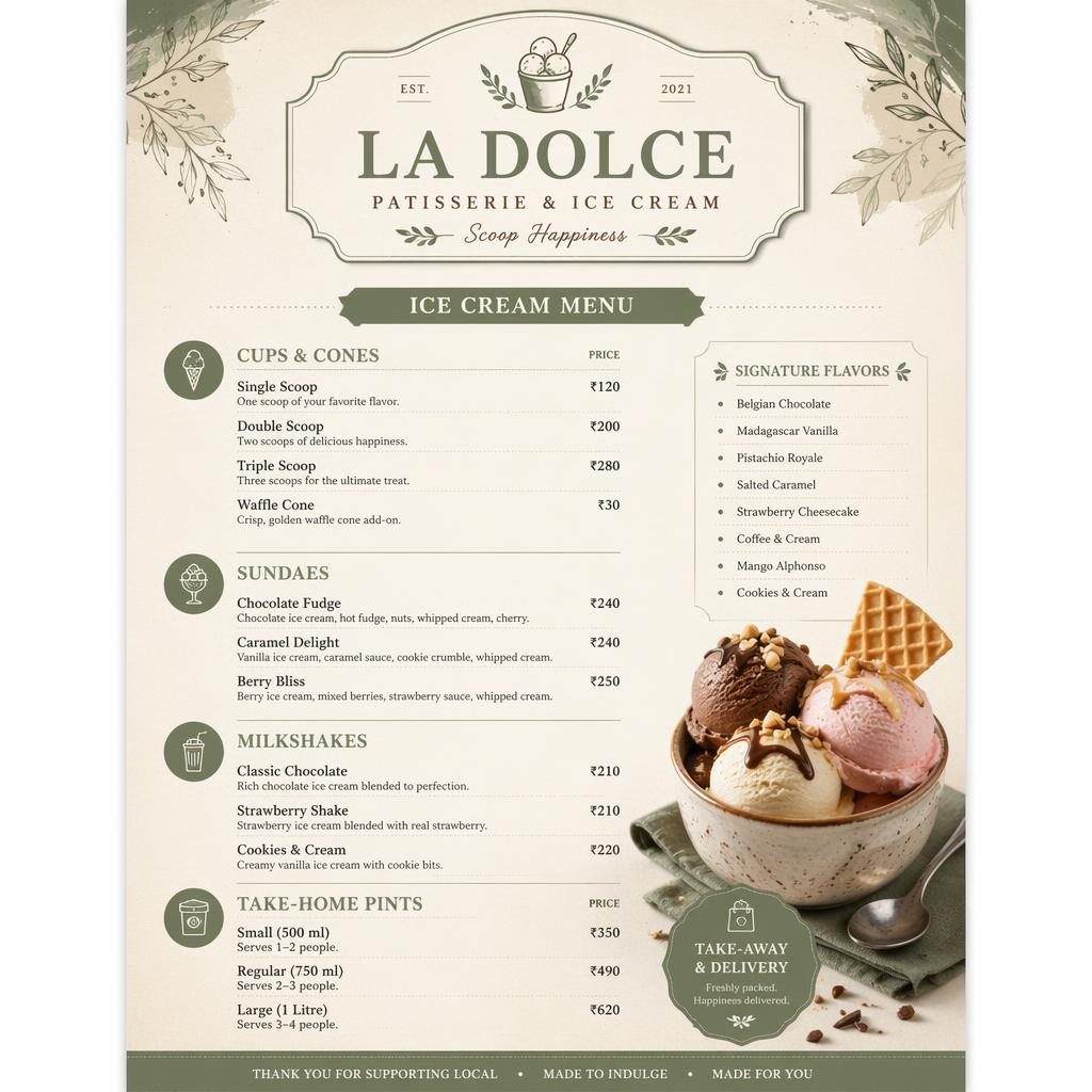 A4 portrait ice cream menu card design in sage and ivory with rustic header, placeholder sections, dish names, and prices.