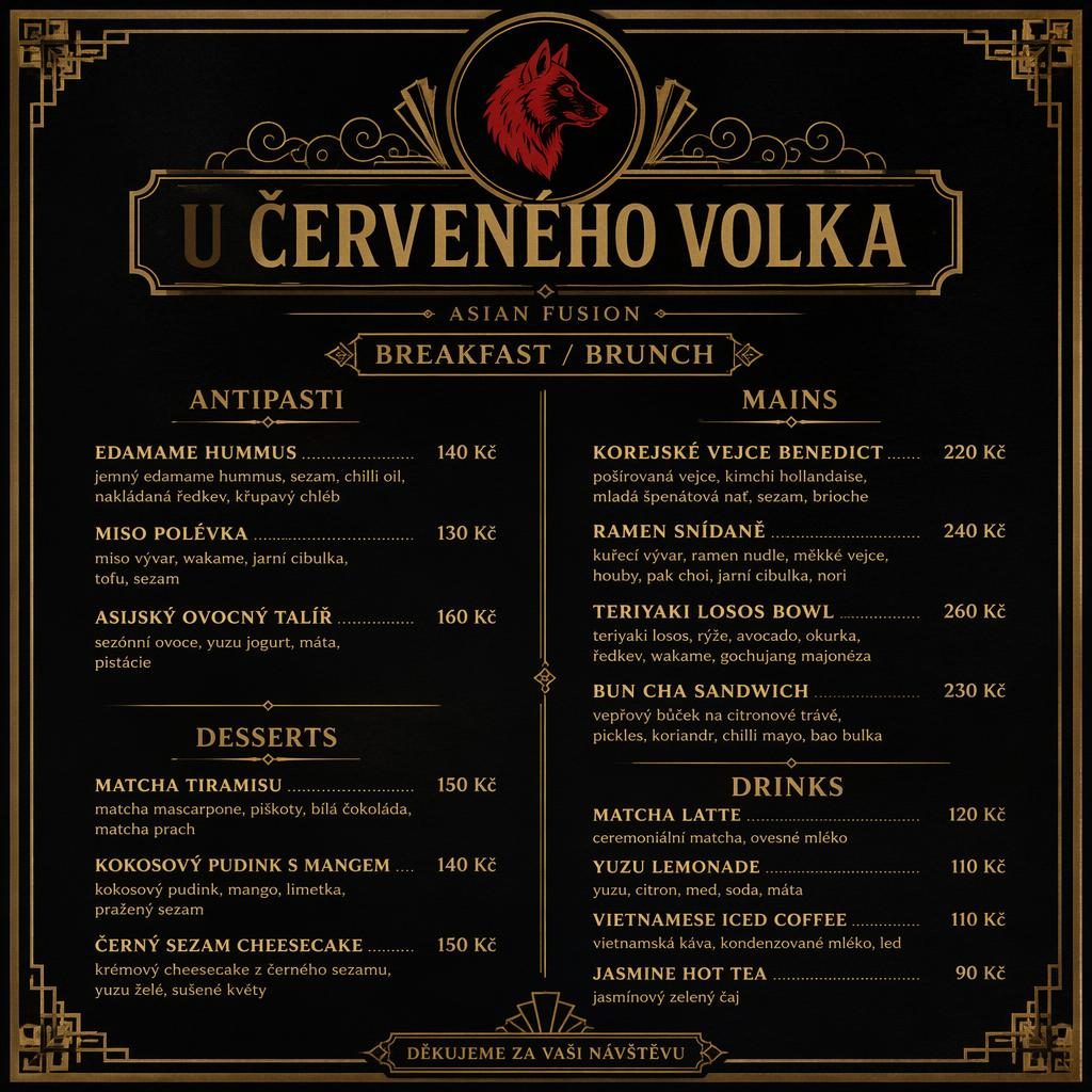 A4 menu karta na výšku pro asian fusion brunch, vintage styl 20. let, černozlatá paleta, dekorativní záhlaví a ceny