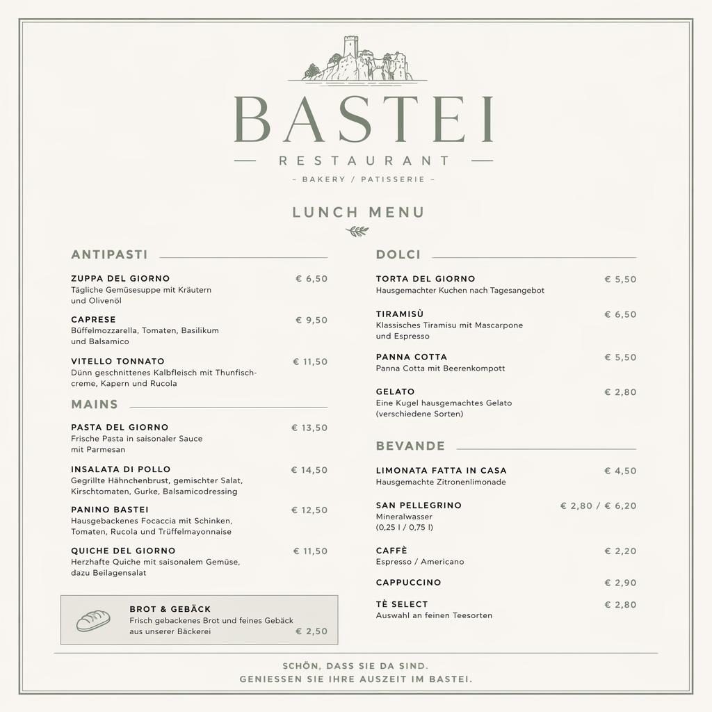 A4-Menükarte für bastei restaurant in Salbeigrün und Elfenbein mit klaren Rubriken, Platzhaltertext und Preisspalte.