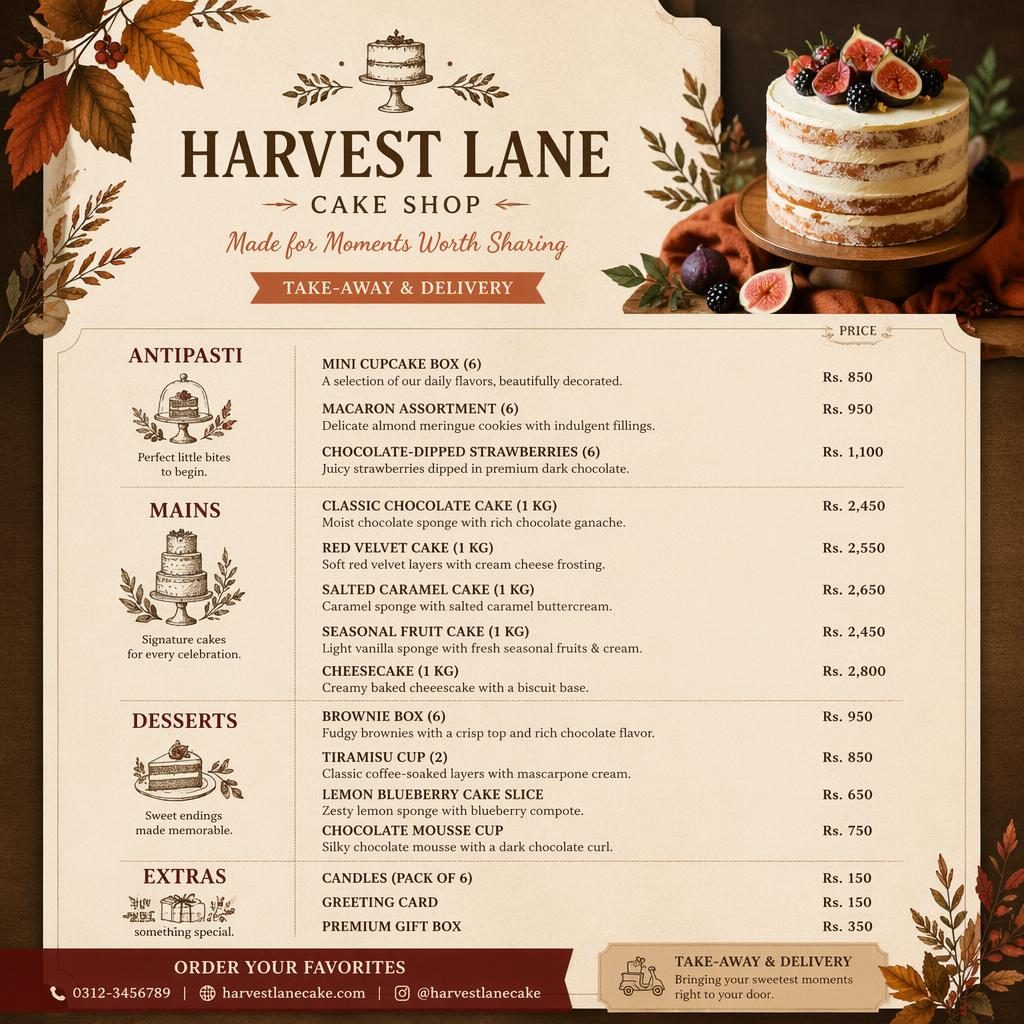 A4 portrait cake shop menu card template with rustic autumn colors, decorative header, section titles, placeholder items, and prices.