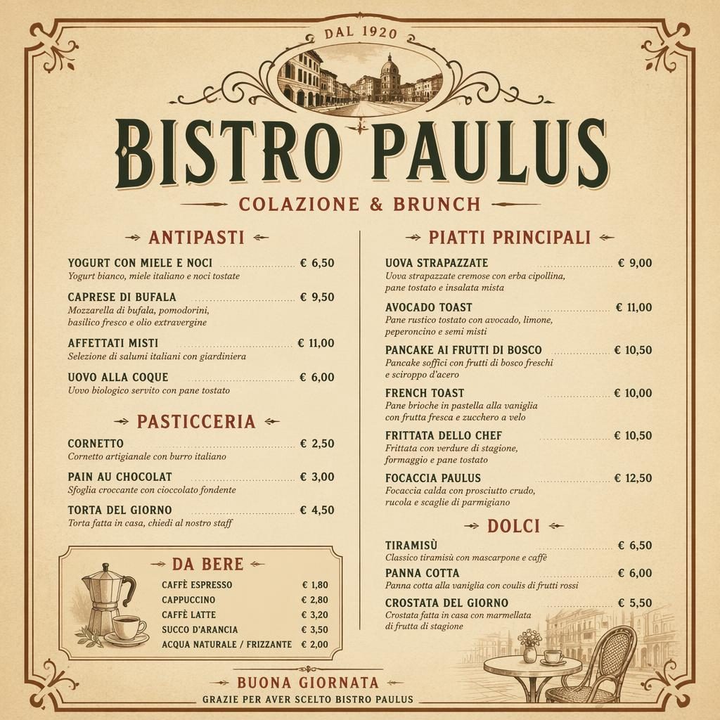 A4 portrétní jídelní lístek bistro paulus menu v italském vintage stylu 20. let, se sekcemi, cenami a teplou paletou