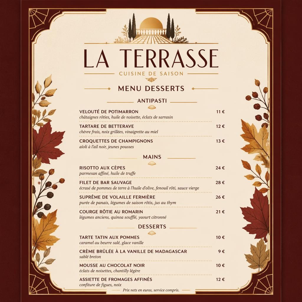 Carte de desserts A4 en portrait, style Art déco, palette automnale, en-tête décoratif, typographie factice et colonne de prix.