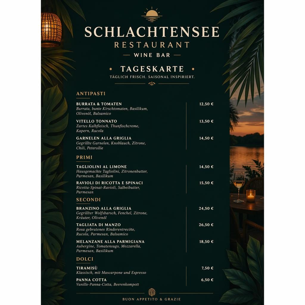 A4-Menükarte für Schlachtensee Restaurant im tropisch-dunklen Stil mit dekorativem Header, Rubriken, Platzhaltertext und Preisen.