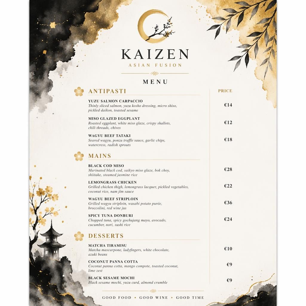 A4 portrait Asian fusion wine list menu sample with watercolor accents, black and gold palette, decorative header, and prices.