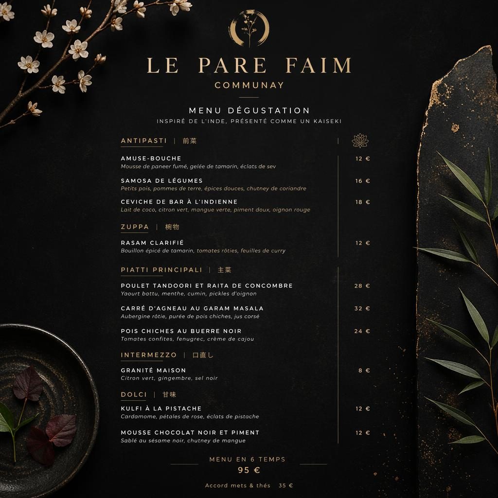 Carte de menu dégustation indienne A4 en portrait, palette sombre, en-tête décoratif, sections, plats et colonne de prix.