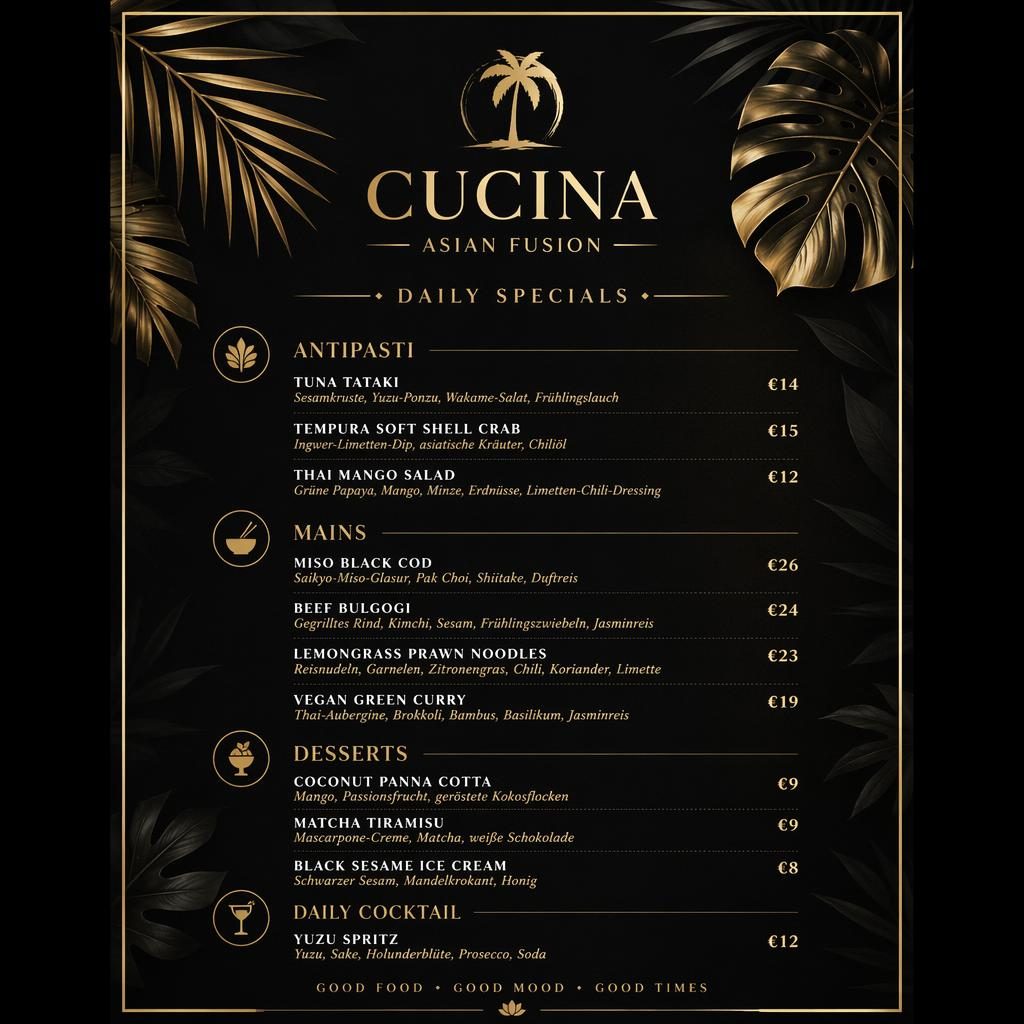A4-Menükarte für Restaurant Cucina im Hochformat, Schwarz-Gold, tropischer Resort-Look mit Tagesgerichten und Preisen.