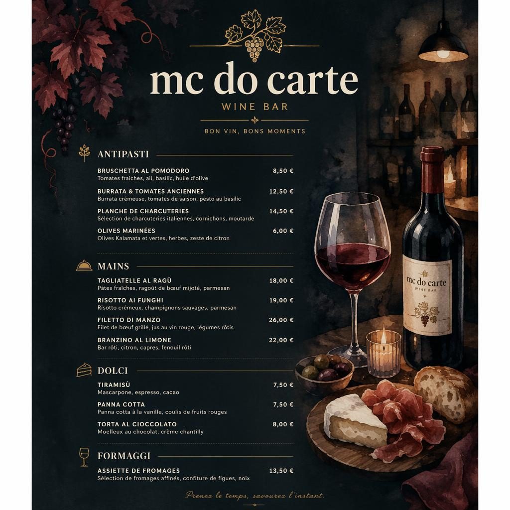 Carte des vins A4 en portrait, style aquarelle cosy aux tons sombres, avec en-tête décoratif, rubriques et colonne de prix.
