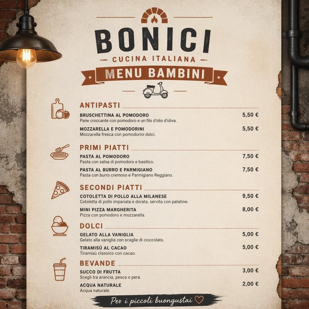 Carte de menu enfant italienne A4 en portrait, style loft industriel, tons terre chauds, en-tête décoratif et colonne de prix.