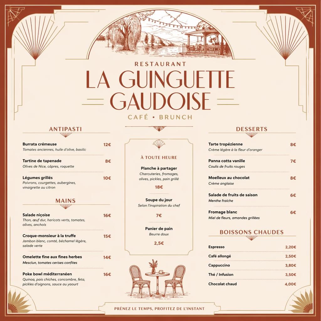 Carte de desserts A4 en style art déco, crème chaude et rouille, avec en-tête décoratif, typographie sobre et colonne de prix.