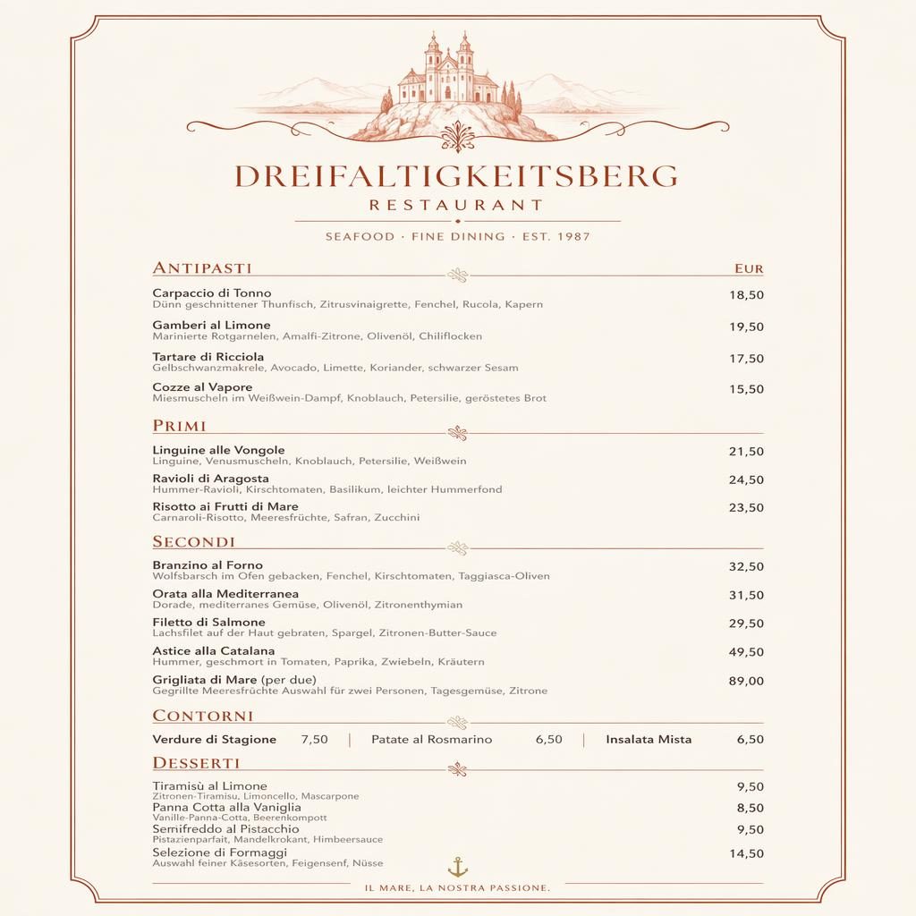 A4-Menükarte im Hochformat für dreifaltigkeitsberg restaurant, Seafood-Dinner in Creme-Rost mit eleganter Typografie