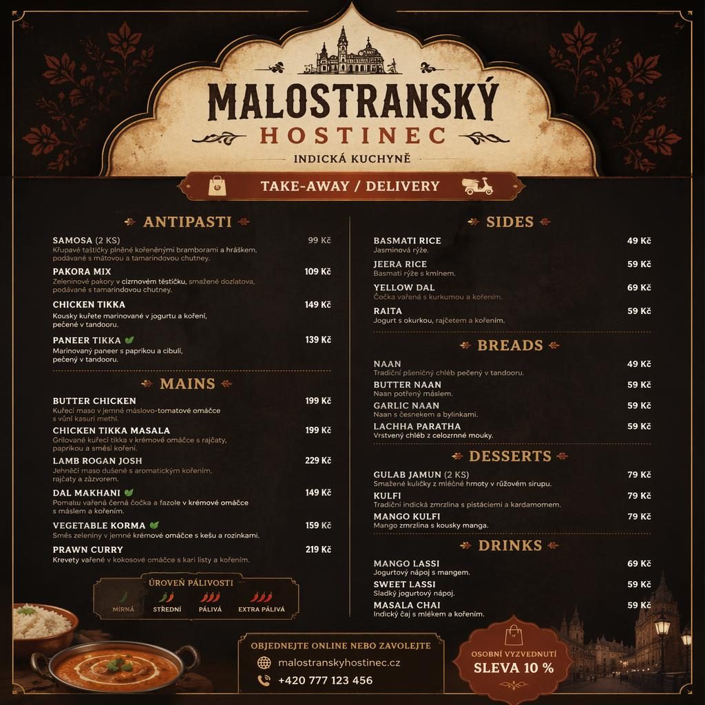 A4 menu karta pro malostranský hostinec v tmavém rustikálním stylu s dekorativní hlavičkou, sekcemi jídel a sloupcem cen.