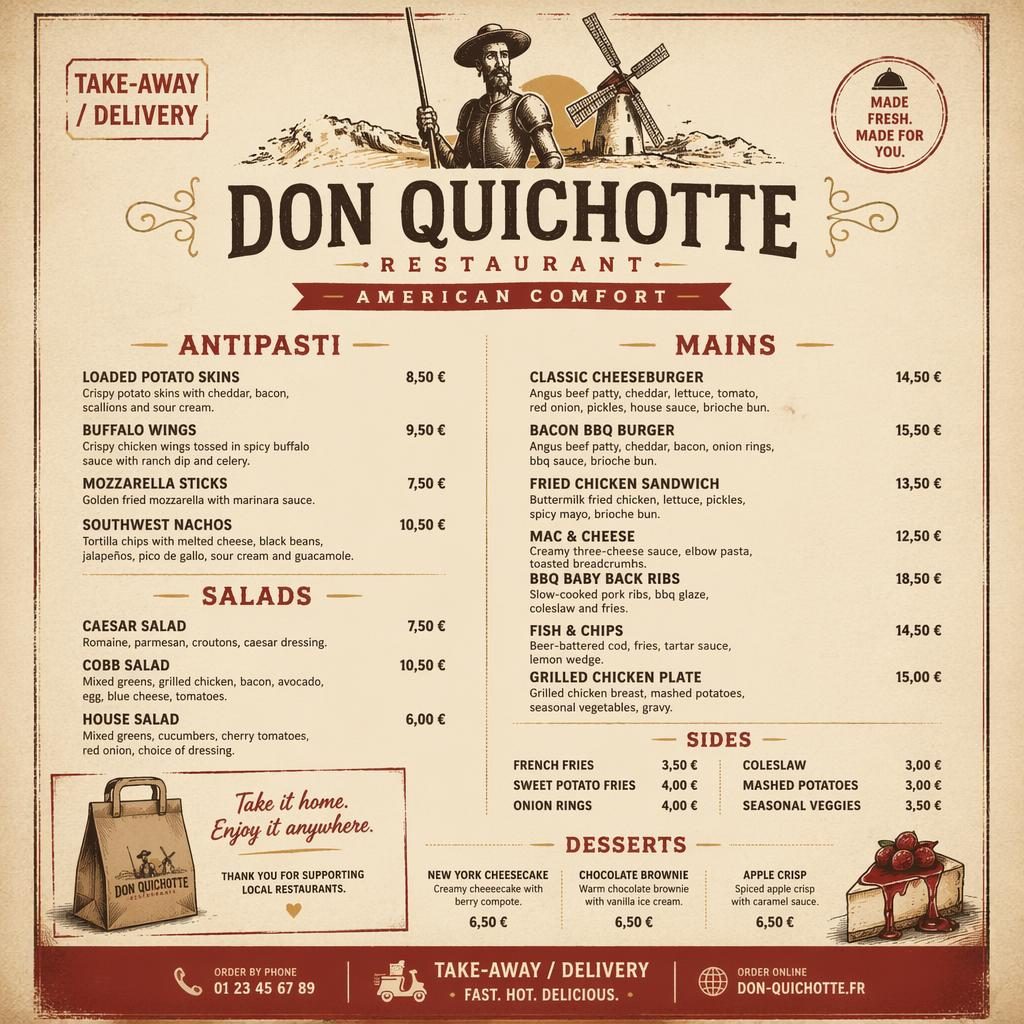 Carte de menu A4 en portrait pour don quichotte restaurant, style rustique chaud, sections, plats, descriptions et prix.