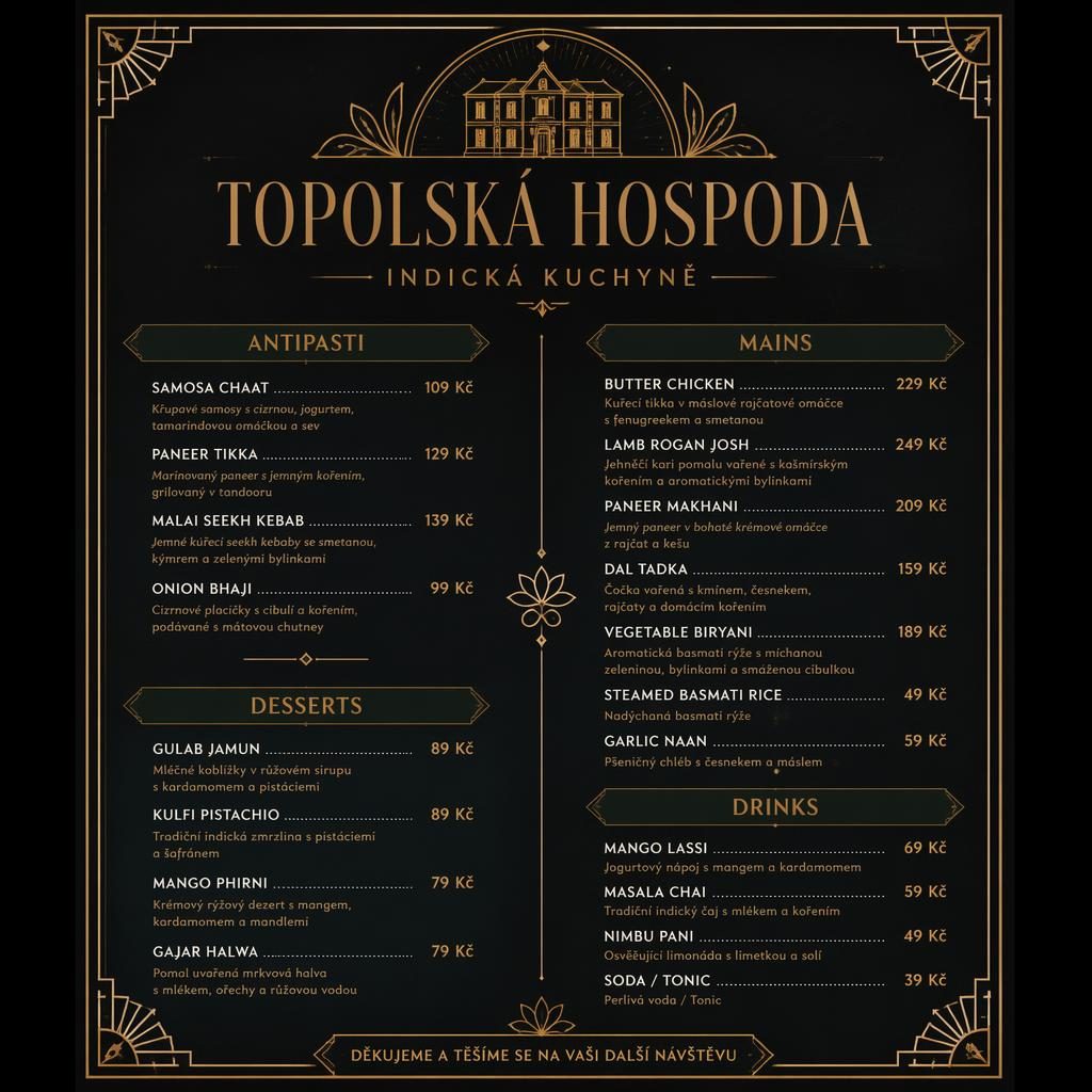 A4 dezertní menu Topolská hospoda v art deco stylu, tmavá paleta, dekorativní záhlaví, ceny a zástupný text