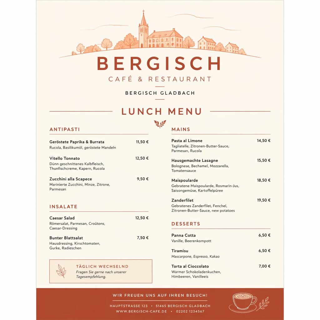 A4-Menükarte im minimalistischen Swiss-Stil in Creme und Rost mit Lunch-Bereichen, Platzhaltertext, Preisen und Dekokopf