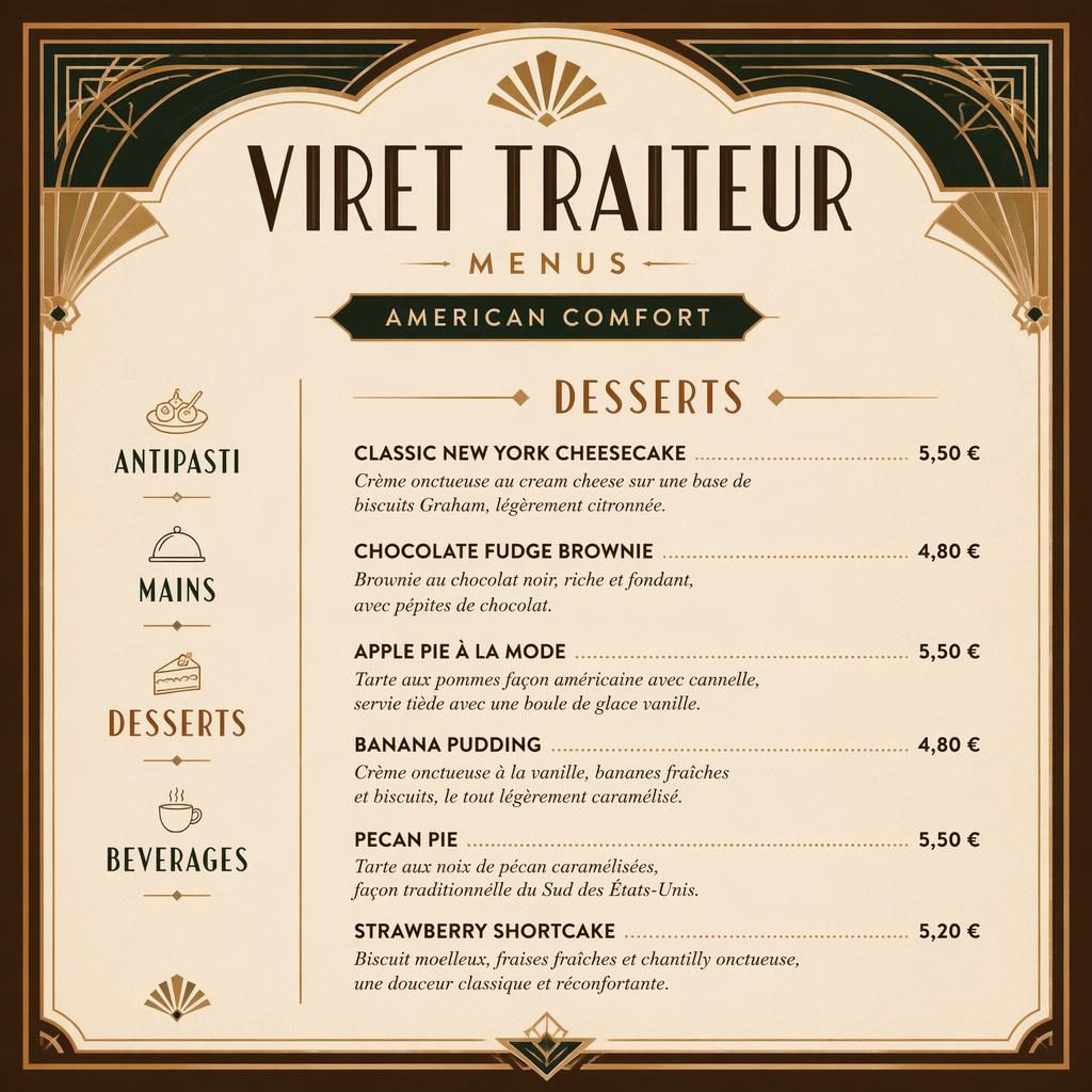 Carte de desserts A4 en style art déco, palette terre chaude, en-tête décoratif, typographie factice et colonne de prix.
