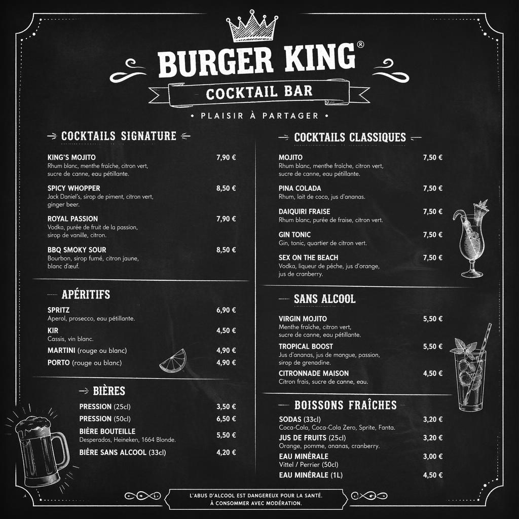 Carte de cocktails A4 en style ardoise noir et blanc, avec en-tête décoratif, rubriques, textes factices et colonne de prix.