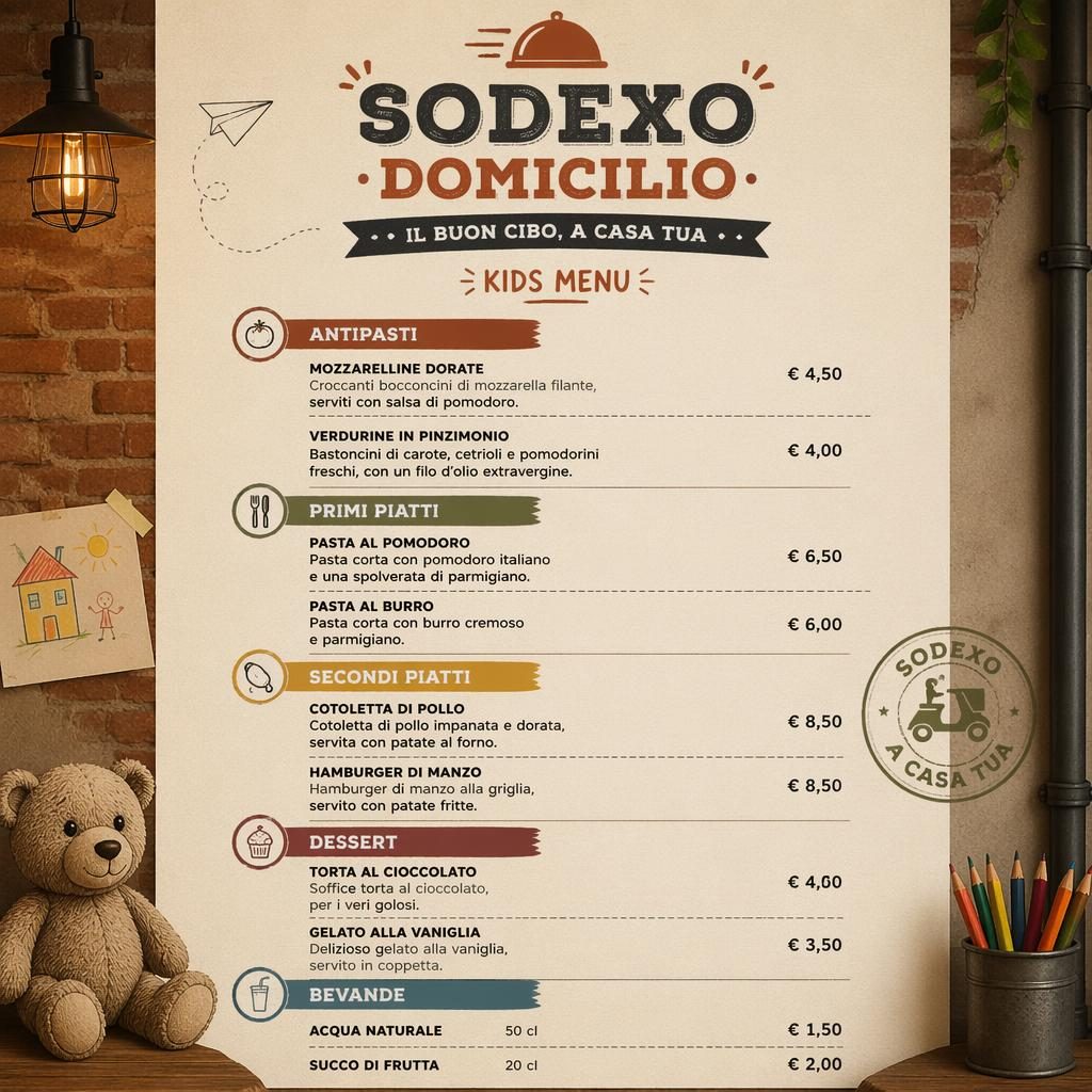 Tarjeta de menú infantil italiano en formato A4 vertical, estilo loft industrial, tonos tierra cálidos y columna de precios.